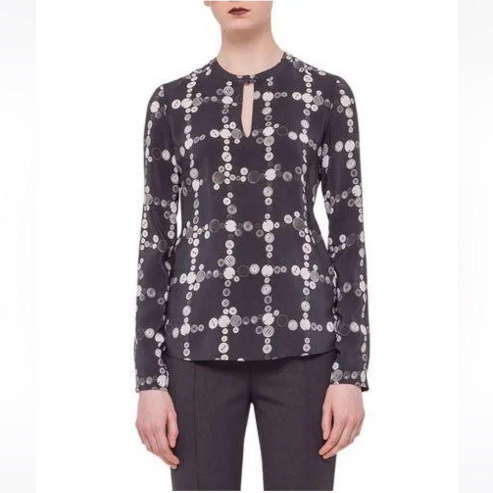 Akris Punto NEW Silk Button Graphic Print Blouse Top Keyhole Lightweight Check 6